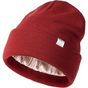 Womens Saitn Lined Knit Beanie Hat Wine Red